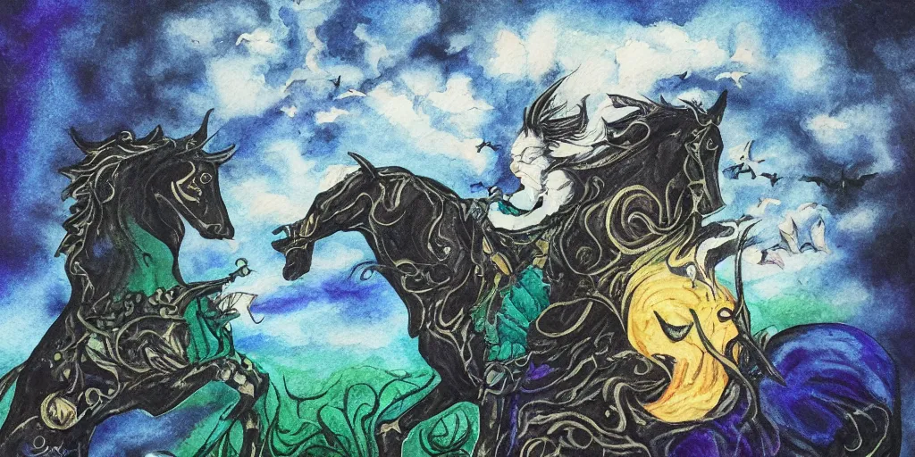 Image similar to Dullahan, dashing down the moor, bats, Celtic, horse, fae, teal, black, blue, clouds, ravens, gothic, moody colors, watercolor, colored pencil, metallic, traditional medium, highly detailed, textured canvas, Lisa Frank