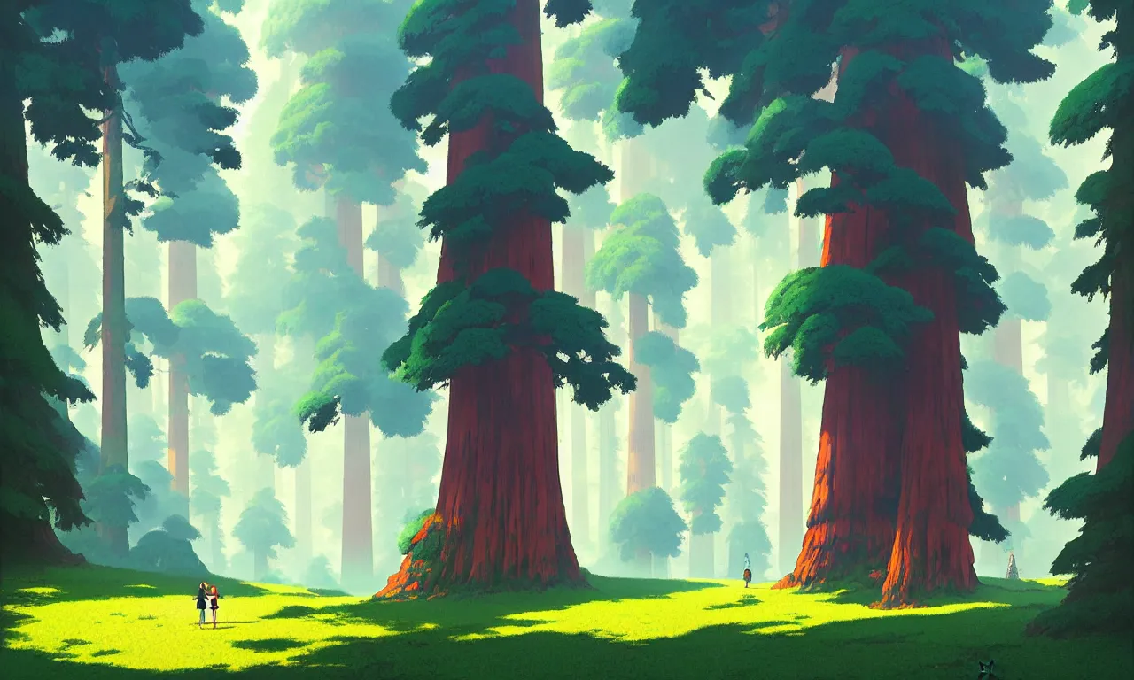 Prompt: Sequoia Park in a colorful moutain with beautiful trees , no people, morning, by studio ghibli painting, superior quality, masterpiece, traditional Japanese colors, by Grzegorz Rutkowski, concept art