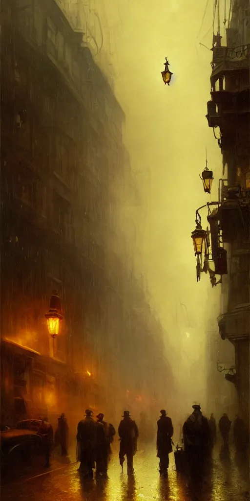 Image similar to a street of a city in 1 9 4 0 with yellow light on from the windows during the night, a men stand up under a light, steam punk, mystical red fog, oil on canvas, art by andreas achenbach, clemens ascher, tom bagshaw and sabbas apterus,