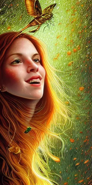 Prompt: infp young woman, smiling amazed, golden fireflies lights, sitting in the midst of nature fully covered, long loose red hair, intricate linework, green eyes, small nose with freckles, oval shape face, realistic, expressive emotions, dramatic lights spiritual scene, hyper realistic ultrafine art by michael cheval, jessica rossier, boris vallejo