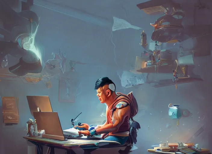 Image similar to an insanely detailed painting of an asian man wearing a homemade superhero costume, sitting at a desk, staring seriously at the computer and typing, in the style of peter mohrbacher, james jean, artgerm, dramatic lighting and composition, surreal background, octane render, pixar, trending on artstation, concept art, comic book, view from behind, 8 k