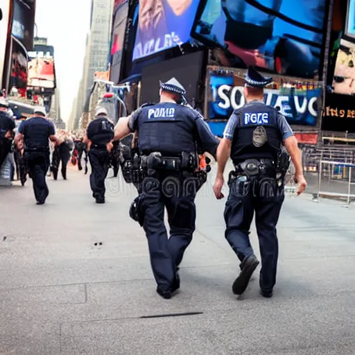 Image similar to a police officer handcuffing another police officer, both smiling, time square, stock photography, award - winning,