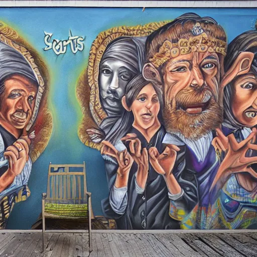 Prompt: hypperealistic art mural,'the saints'street gang mural