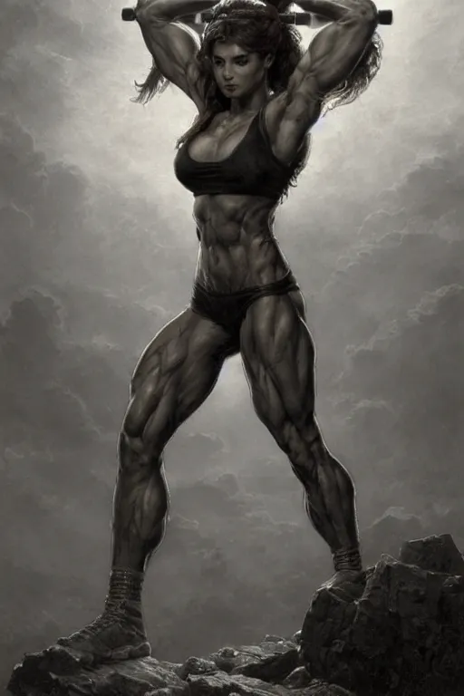 Image similar to muscular heroine, standing in front of a squat rack, with her foot on top of a pile of dumbbells - in the style of greg rutkowski, by Gustave Doré, by Marco Turini, by Artgerm, Deviantart in the style of Tom Bagshaw, Cedric Peyravernay, Peter Mohrbacher by William-Adolphe Bouguereau,4k,