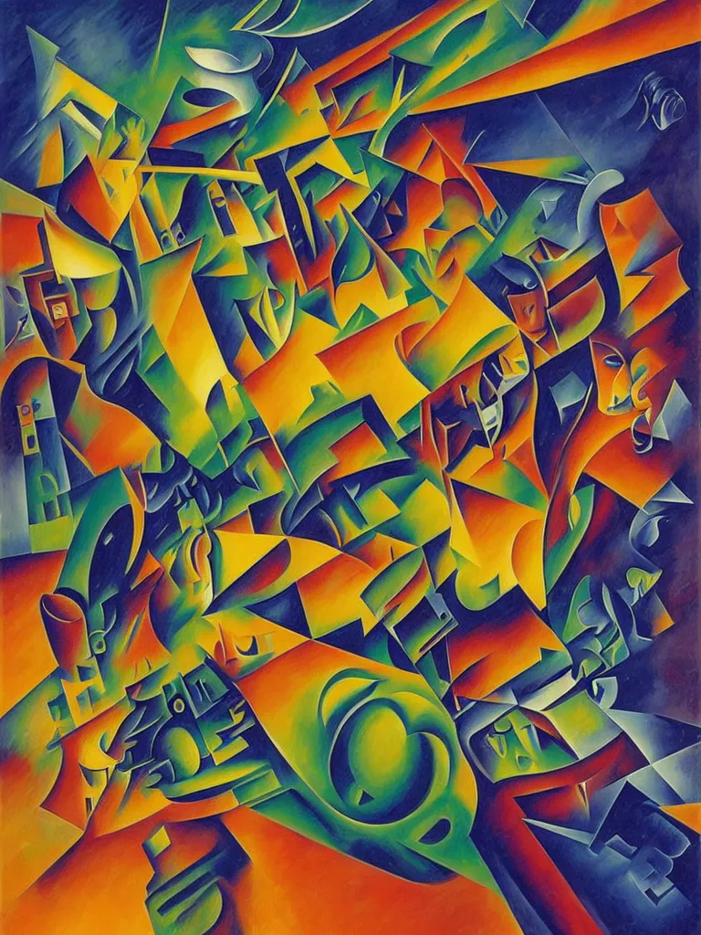 Prompt: a surreal neon painting of a locomotive in motion made of cubism futuristic boccioni, rooms in 3 point perspective by vladimir kush and dali and kandinsky, 3 d, realistic shading, complimentary colors, vivid neon colors, aesthetically pleasing composition, masterpiece, 4 k, 8 k, ultra realistic, super realistic
