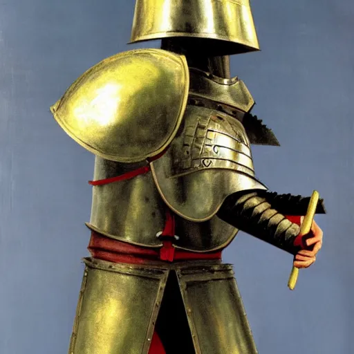 Image similar to one - armed medieval armored knight with bucket on his head, painting