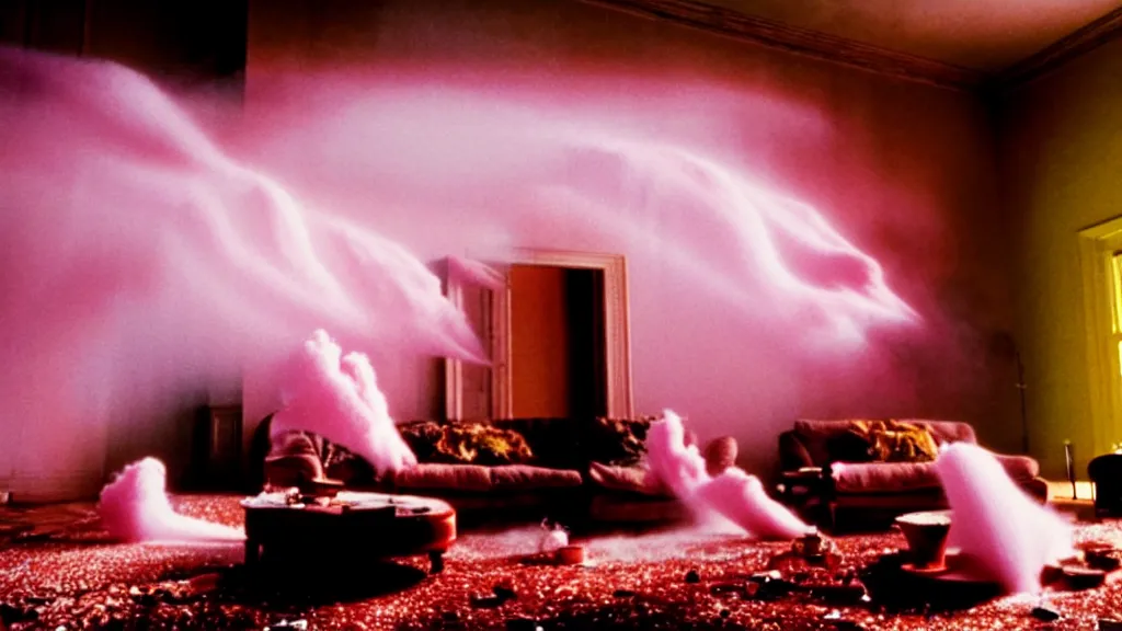 Image similar to colored powder explosion in the living room, film still from the movie directed by Denis Villeneuve with art direction by Salvador Dalí, wide lens