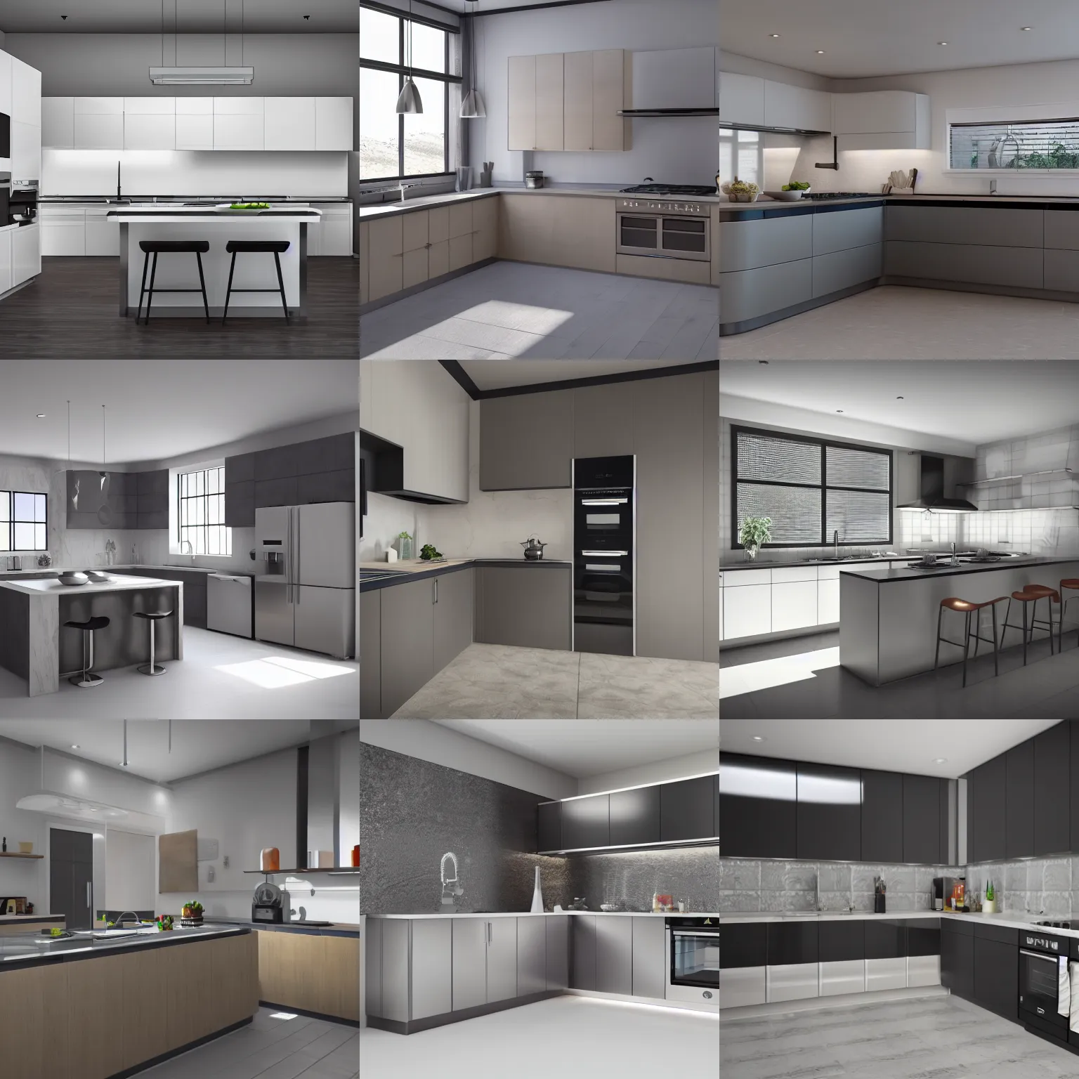 Prompt: a modern kitchen with stainless steel appliances, realistic, hd, 8 k, digital rendering, unreal engine, blender, octane, maya