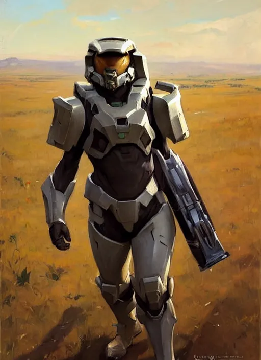 Image similar to Greg Manchess painting of a humanized Corgi wearing Forerunner Armor from Halo, countryside, calm, fantasy character portrait, dynamic pose, above view, sunny day, artwork by Jeremy Lipkin and Giuseppe Dangelico Pino and Michael Garmash and Rob Rey, very coherent asymmetrical artwork, sharp edges, perfect face, simple form, 100mm