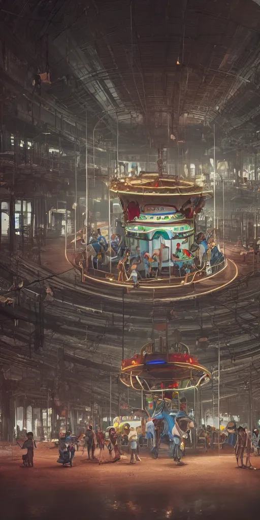 Image similar to a wideangle colorchrome shot of robot children in a detailed merry-go-round inside a old industrial flooded car factory, beautiful cinematic atmospheric lightning, octane 8k render