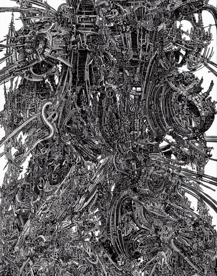 Image similar to hyper detailed industraial & utility by philippe druillet