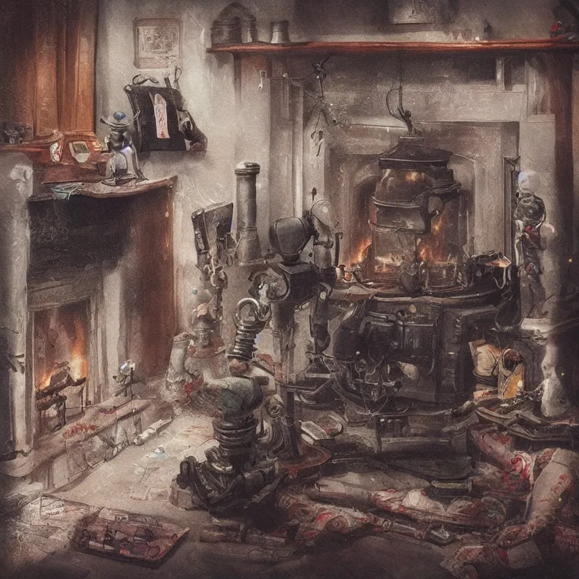 Image similar to “a lonely robot reads a book near a fireplace in a Victorian home., IMAX 70mm footage”