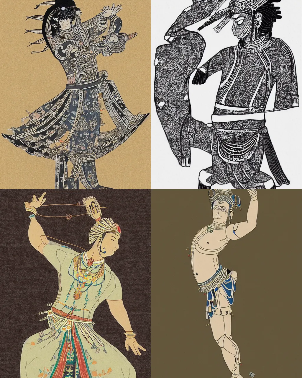 Prompt: an ancient dancer is dancing, full body portrait, flat style, bart by yuki ryota and yoshitaka amano and kimio muraoka