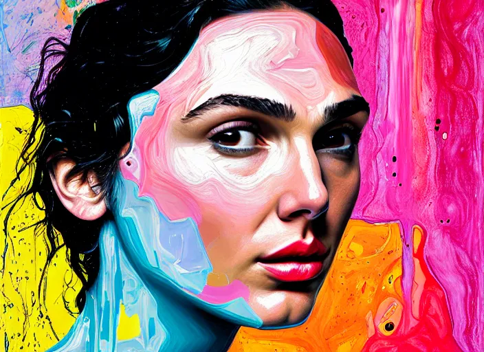 Image similar to portrait of gal gadot, by vincent lefevre and hernan bas and pat steir and hilma af klint, psychological, photorealistic, dripping paint, washy brush, rendered in octane, altermodern, masterpiece