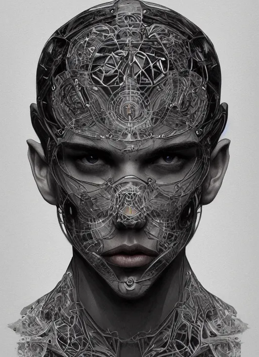 Image similar to symmetry!! austin butler, male, machine parts embedded into face, intricate, elegant, highly detailed, digital painting, artstation, concept art, smooth, sharp focus, illustration, art by artgerm and greg rutkowski and alphonse mucha, 8 k