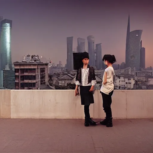 Image similar to a small rooftop with a couple of modern teenagers wearing cowboy boots and dr martens standing and talking to each other, wearing black modern clothes, modern shanghai bund is on the background, sunset, by gregory crewdson