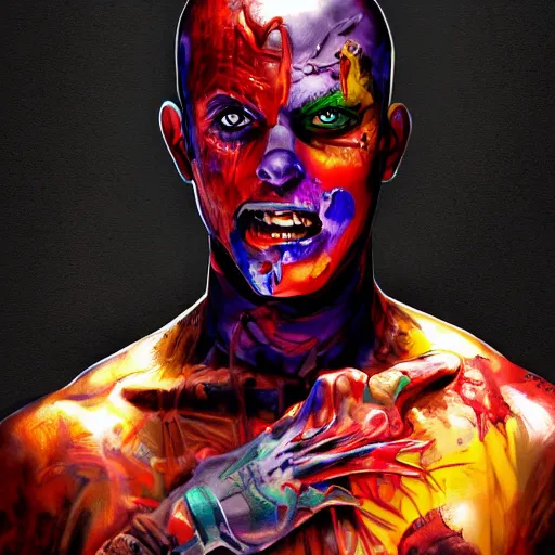 Prompt: Bright, colorful, realistic super hero Serial killer dating sim single individual full body and head shot gore covered with scars and tattoos screaming, backlighting, kodachrome, high contrast, highly detailed, sharp focus, digital painting, concept art, illustration, trending on artstation, comic book by Alex Ross cover art