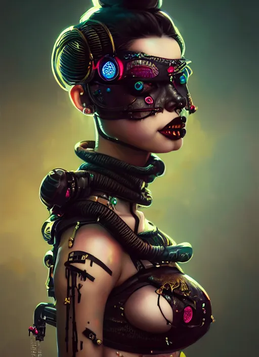 Image similar to soft seductive ebony geisha raver gutter punk gothic cyborg, golden ratio, details, scifi, fantasy, cyberpunk city, intricate, decadent, highly detailed, octane render, digital painting, artstation, concept art, sharp focus, illustration, art by artgerm, loish, wlop