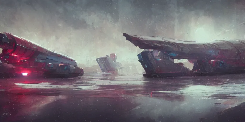 Prompt: scifi soviet cargo spaceship in heavy armor, liminal space around, puddles of water, by simon stalenhag, by ian pesty and alena aenami and makoto shinkai, concept art, matte painting, washed colors,