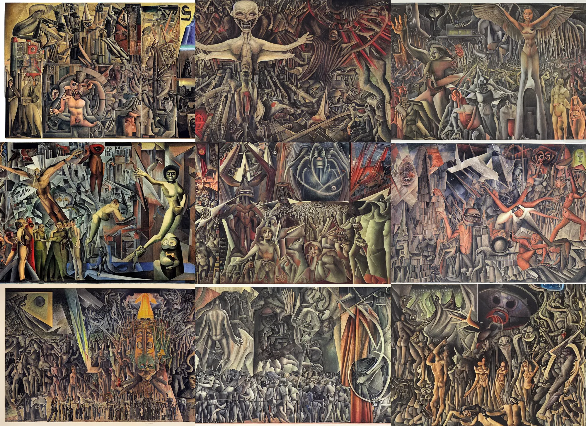 Prompt: it is likely that the stage for satan's final deception began to be set in the twentieth first century with the intense proliferation of aliens and unidentified flying objects in media, movies and television. these demonic phenomena will be the final grand deception, in concert with human intervention. diego rivera, yoshida, nouveau realisme decollage