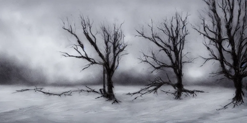 Prompt: rule of thirds, fingerpainting masterpiece with dramatic lighting. foreboding sky over white winter scene. ice! mysterious tones. isolation. fallen tree in fog. old wooden fence. artwork trending on artstation in the style of landscape artist jeffrey thomas