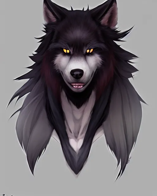 Image similar to character concept art of a black anthropomorphic male furry wolf long red hair | | cute - fine - face, pretty face, key visual, realistic shaded perfect face, fine details by stanley artgerm lau, wlop, rossdraws, james jean, andrei riabovitchev, marc simonetti, and sakimichan, trending on artstation