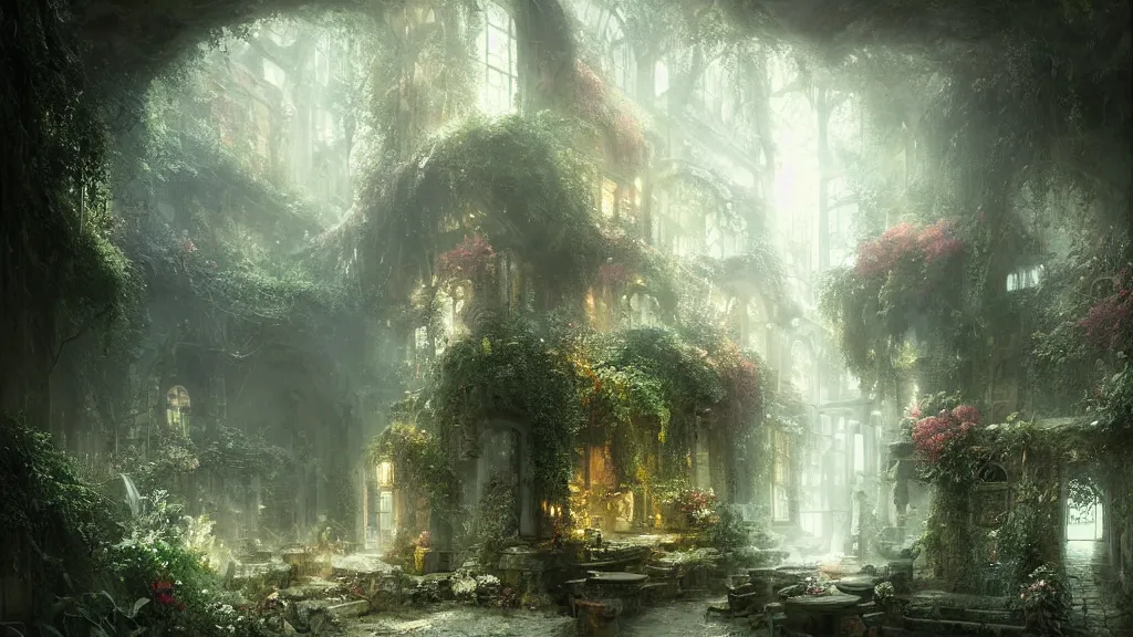 Image similar to hidden underground is a tiny, secret garden. andreas achenbach, artgerm, mikko lagerstedt, zack snyder, tokujin yoshioka