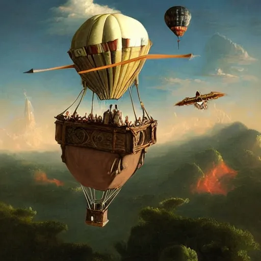 Prompt: a medievalpunk flying vehicle with an air balloon and bat like wings, matte painting, by thomas Cole, James Gurney, Craig mullins, RHADS, Trending on Artstation