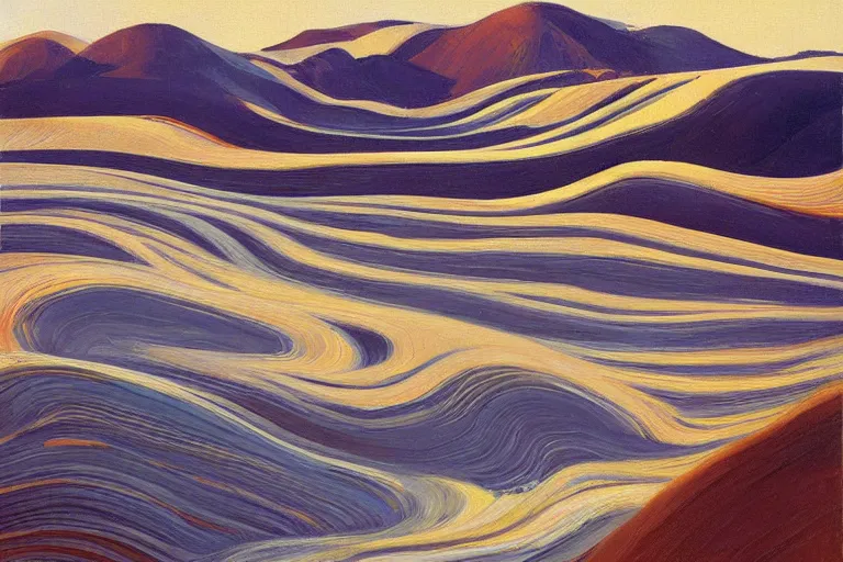 Prompt: Landscape painting. Wild energy patterns rippling in all directions. Curves, zig-zags. Organic. Mountains. Clouds. Vegetation. Rushing water. Waves. LSD. Wayne Thiebaud