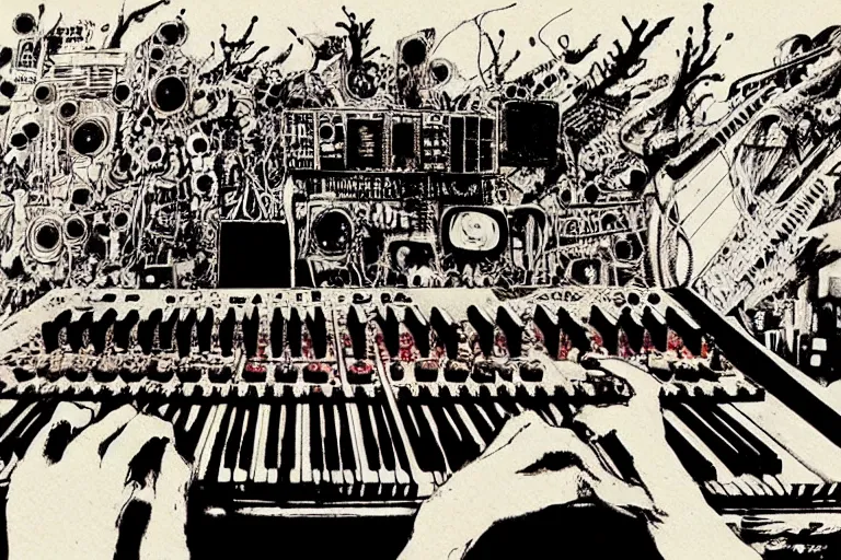 Image similar to synthesizer from hell by ralph steadman