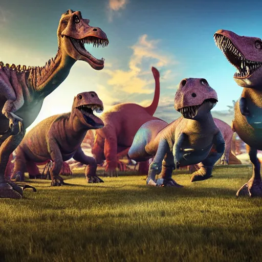 Prompt: a group of dinosaurs having a rave party at boom festival main stage, rendered in octane