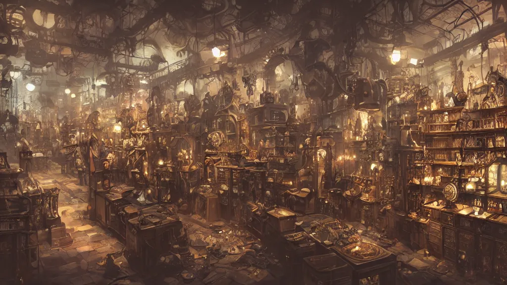 Image similar to A highly detailed image of a steampunk store, by Danar Worya, by Greg Rutkowski, by artgerm, by beeple, with ultra detailed displays of weapons and clockwork machinations densely packed on shelves, volumetric lighting, 4k resolution, octane render, trending on artstation