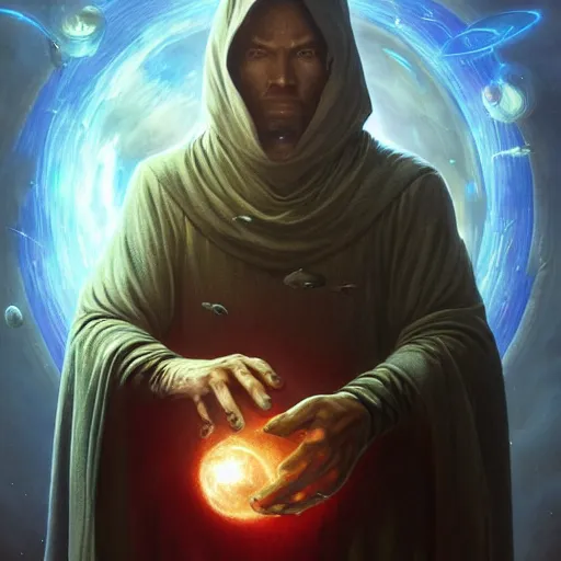 Image similar to the creator of worlds wearing a cloak and holding a holographic planet projection in his hand, detailed, sci - fi, digital painting, artstation, sharp focus, illustration, ominous, artgerm, tomasz alen kopera, peter mohrbacher, donato giancola, joseph christian leyendecker, wlop, frank frazetta