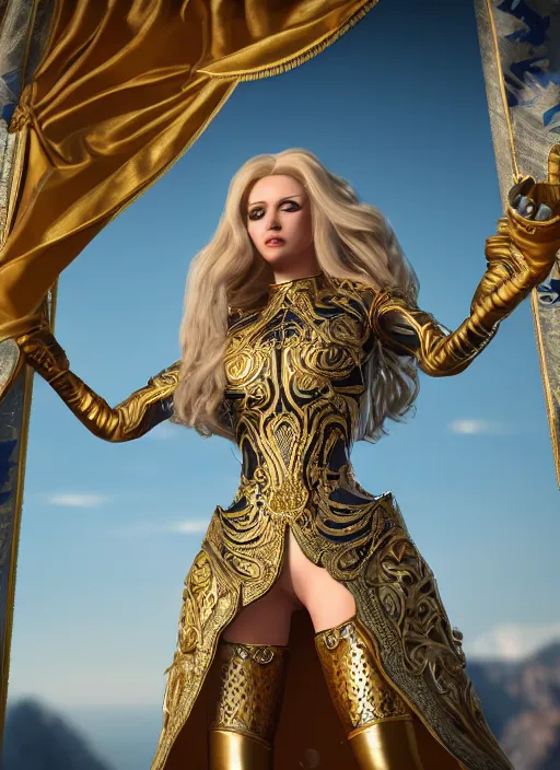 Image similar to a photo of 8 k ultra realistic humanoid princess with long blonde hair, standing next to a beautiful view, ornate white and gold officers outfit, cinematic lighting, trending on artstation, 4 k, hyperrealistic, focused, extreme details, unreal engine 5, cinematic, masterpiece