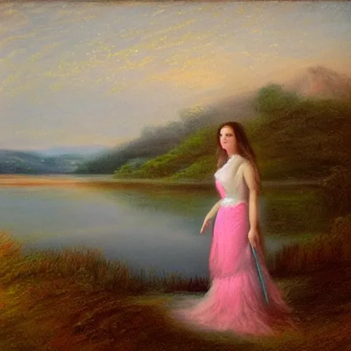 Image similar to a beautiful girl with a beautiful face wearing white dress, a dog, john martin landscape, lake evening, pastel pink and blue colors