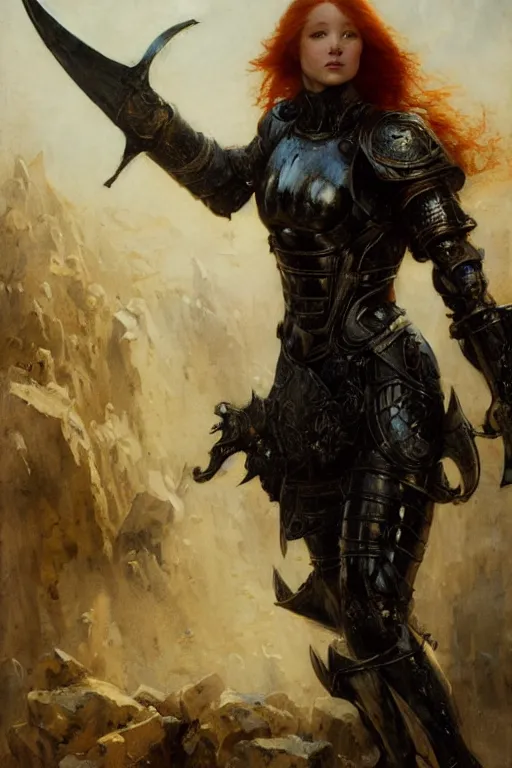 Image similar to muscular redhead young woman wearing black medieval armour, detailed, by gaston bussiere, bayard wu, greg rutkowski, giger, maxim verehin, greg rutkowski, masterpiece, sharp focus, cinematic lightning