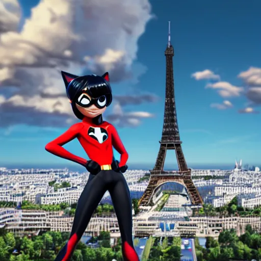 Prompt: dynamic angle of superheroe Marinette Dupain-Cheng from Miraculous: Tales of Ladybug & Cat Noir action pose in front of the eiffel tower, octane render, close-up, fresh, sunny day