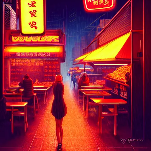 Image similar to illustration of an anthropomorphic vulpes vulpes fulva woman at a noodle stand eating ramen in the crowded street of a cyberpunk city, rain, harsh neon lighting, realistic, ultra detailed, by greg rutkowski, wlop, sakimichan, artgerm