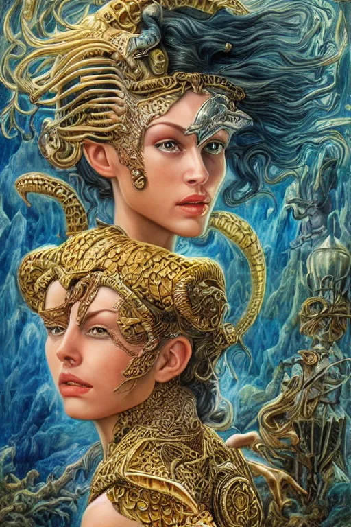 Prompt: Mystical Valkyrie, Portrait of a beautiful female Atlantean Reptilian Warrior, Realistic, Regal, Refined, Detailed Digital Art, Michael Cheval, Walt Disney (1937), François Boucher, Oil Painting, Steampunk, Josephine wall, Highly Detailed, Cinematic Lighting, Unreal Engine, 8k, HD