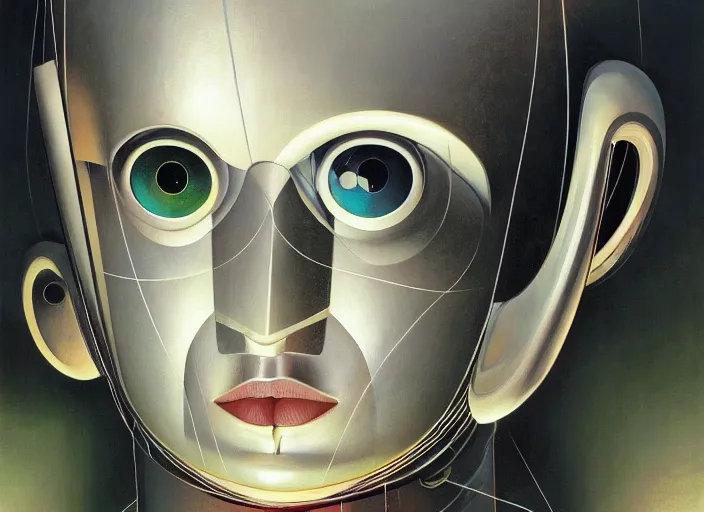 Image similar to a portrait headshot of sci fi metallic human, bright eyes, melancholic complex geometric figure liminal machinery by oskar schlemmer, moebius, john berkey, oil on canvas, portrait facial head, featured on artstation, hd wallpaper