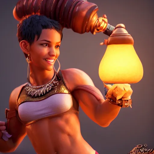 Image similar to a short young genie, with spikey short brown hair, brown skin, abs, a confident smile, emerging from her lamp and flexing her bicep, trending on artstation, 4k, hyperrealistic, focused, extreme details, unreal engine 5, cinematic, masterpiece