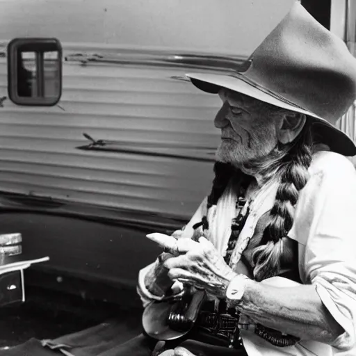 Image similar to willie nelson having a smoke in his trailer.