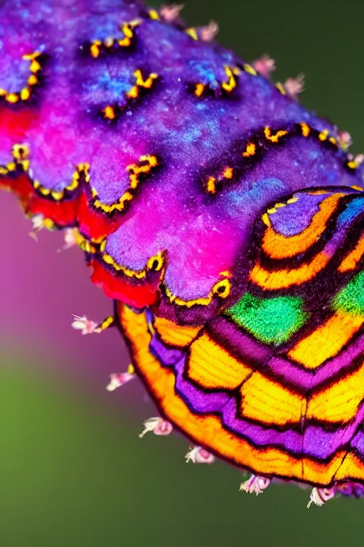 Image similar to high quality macro photo multicolored puss moth caterpillar! gorgeous highly detailed hannah yata elson peter cinematic lighting high quality low angle hd 8k sharp shallow depth of field