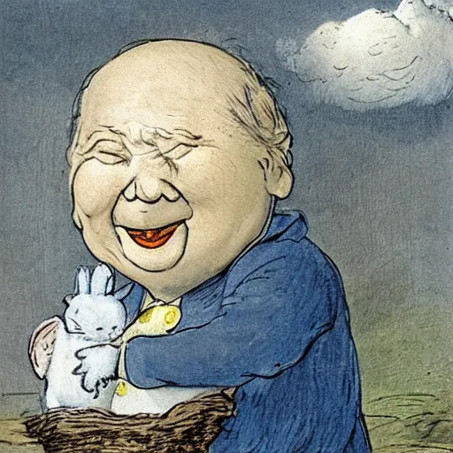 Image similar to candid portrait of white ball with face smiling eyes closed, surrounded by clouds, illustrated by peggy fortnum and beatrix potter and sir john tenniel