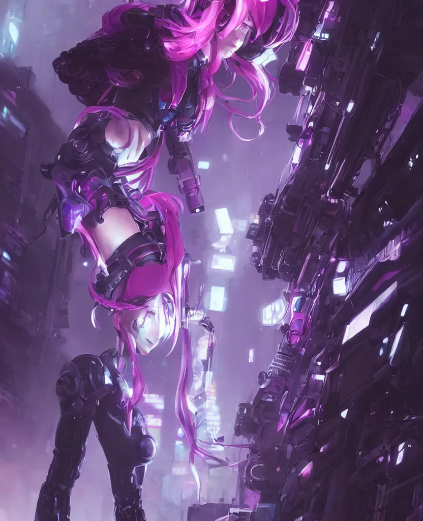 Image similar to A beautiful painting of a cyberpunk anime girl with purple hair and an a huge robot arm sensual stare, Trending on artstation. augmentations and cybernetic enhancements neon circuits, greg rutkowski , hyperrealist, cinema4D, 8k highly detailed ❤️‍🔥 🔥 💀 🤖 🚀