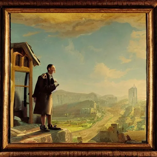 Image similar to a nervous rich mayor gambling his roof for a discouraged goat, art, matte painting,