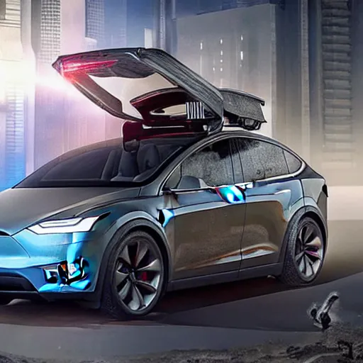 Image similar to tesla model x as an armored vehicle in a cyberpunk world