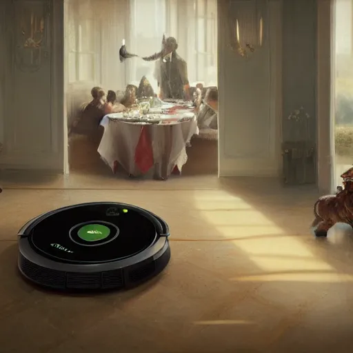 Prompt: A humble roomba butler attempts to serve food to guests at a fancy houseparty, 4k, trending on Artstation, art by Greg Rutkowski