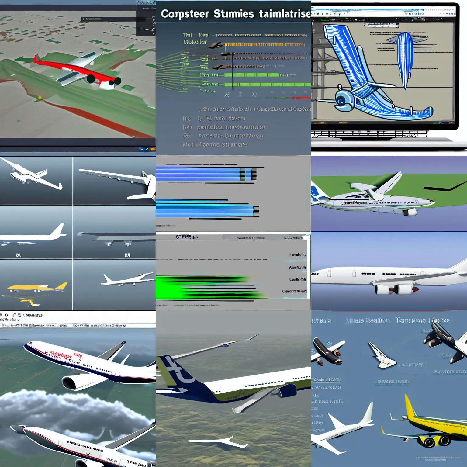 Prompt: computer graphics representing tests and simulations regarding airplanes
