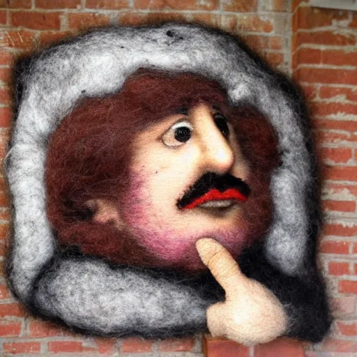 Prompt: by diego velazquez fine needle felting. a beautiful street art of a self - portrait of the artist. he is shown with his head turned to the left, looking at the viewer. his hair is wild & his eyes are wide open. his right hand is raised, as if he is pointing at something.